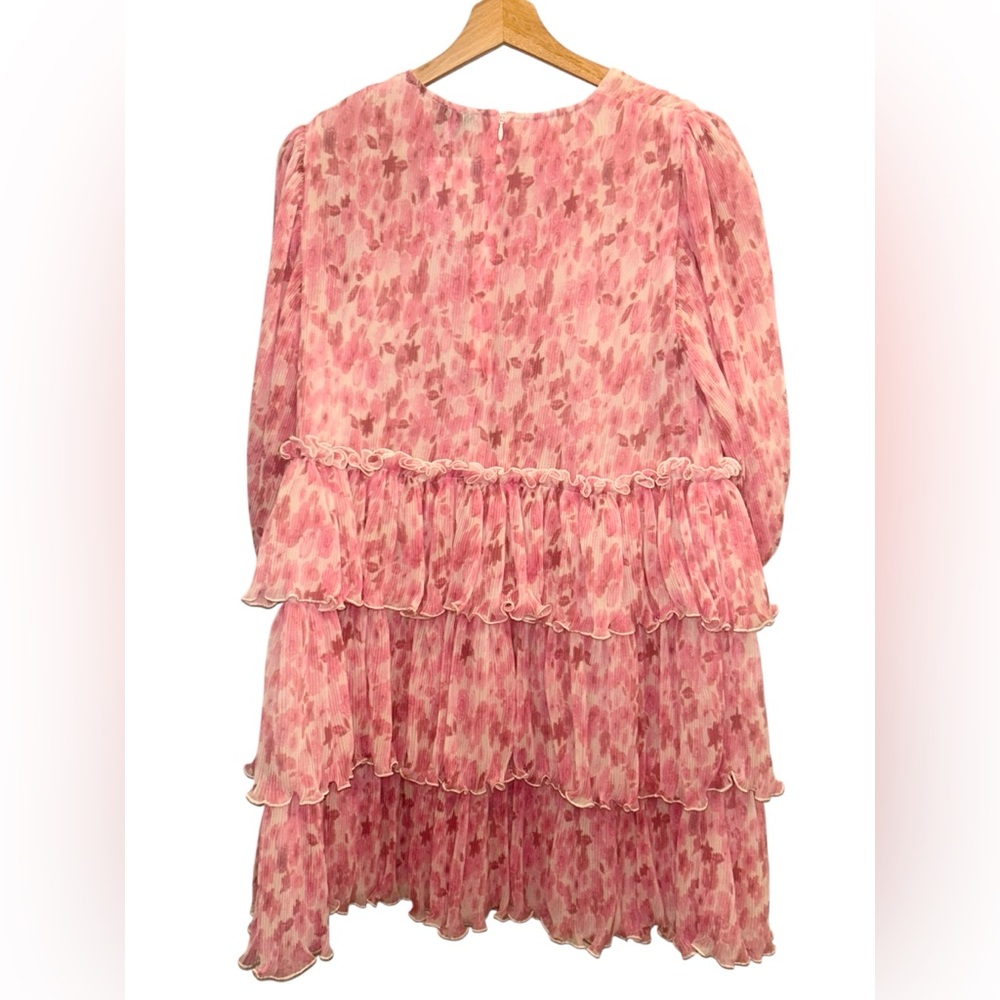 GANNI Pleated Georgette Floral Plisse 3/4 Sleeve Round Neck Tiered Mini Dress - Picture 3 of 5